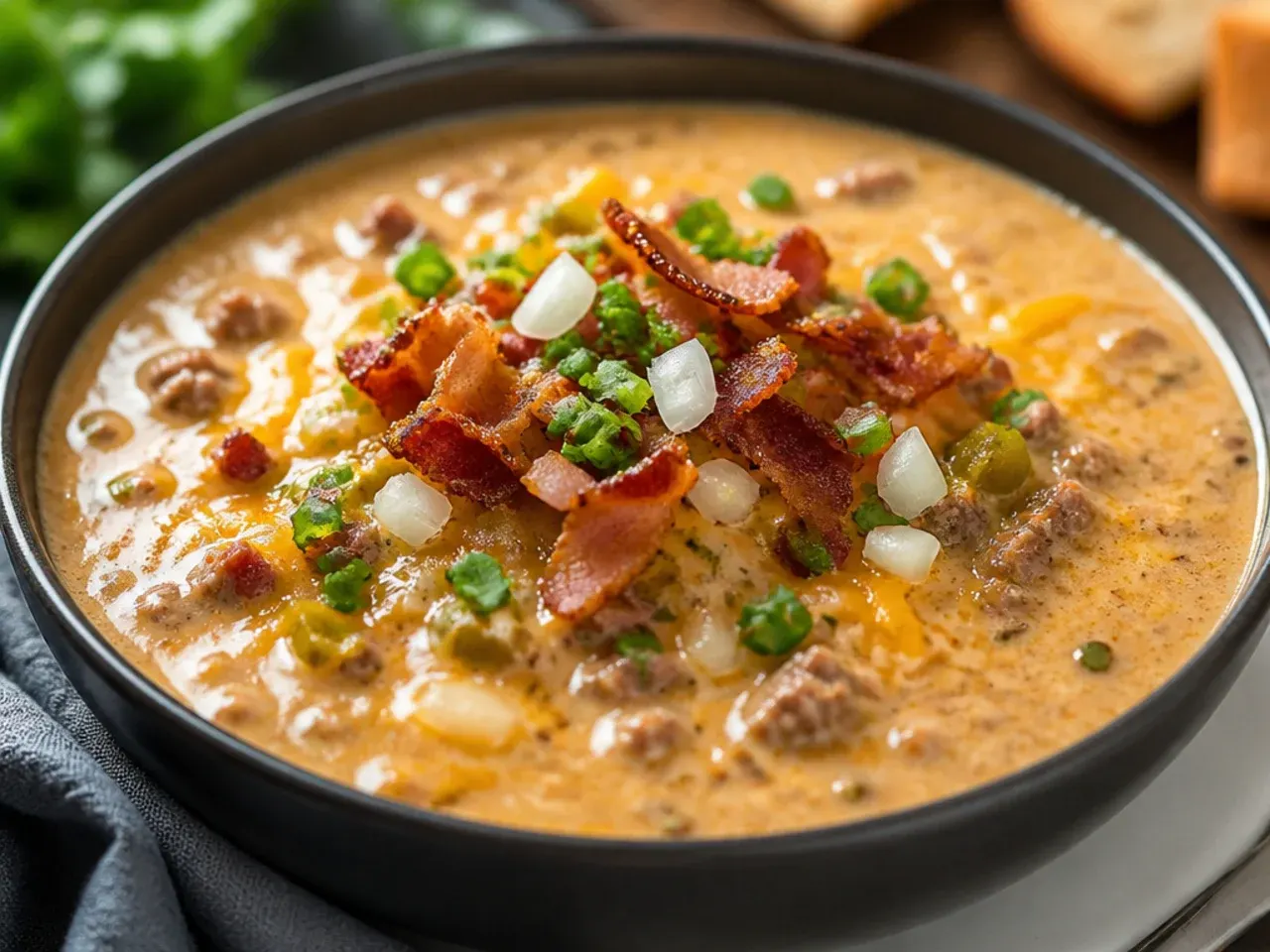 Bowl of creamy keto cheeseburger soup topped with melted cheddar and crispy bacon