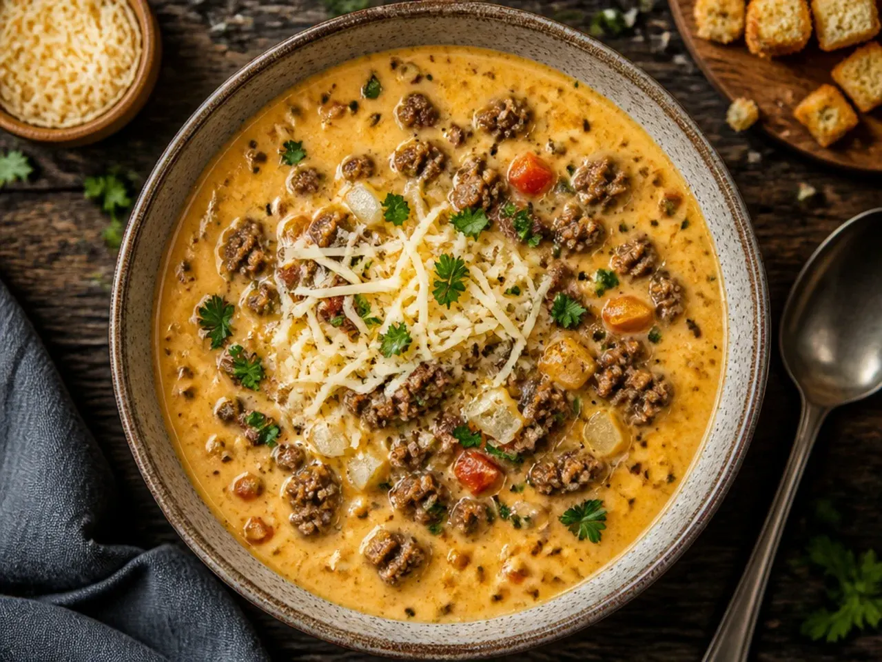 Pot of classic keto cheeseburger soup with melted cheddar swirled through