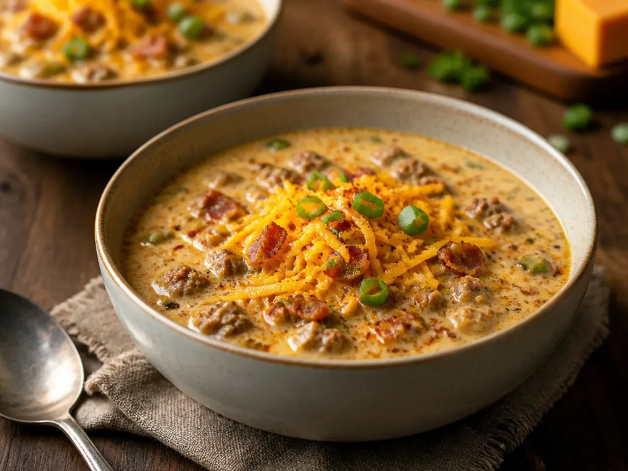 Quick weeknight keto cheeseburger soup in a single pot, ready to serve