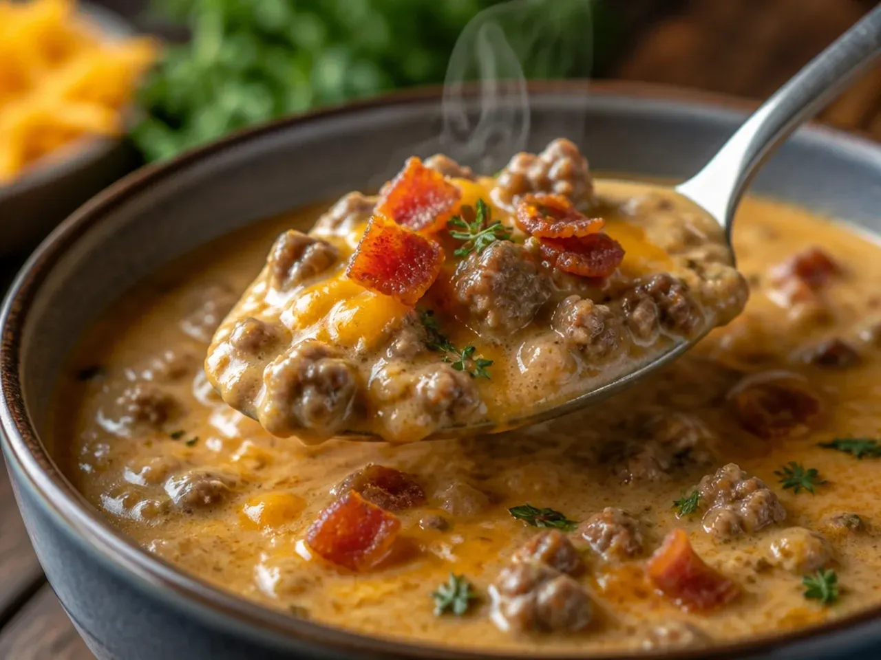 Hearty bacon-loaded keto cheeseburger soup topped with extra crispy bacon