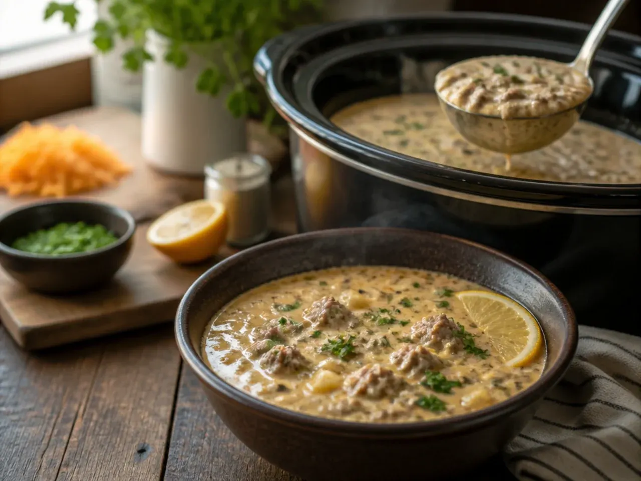 Slow cooker filled with creamy keto cheeseburger soup