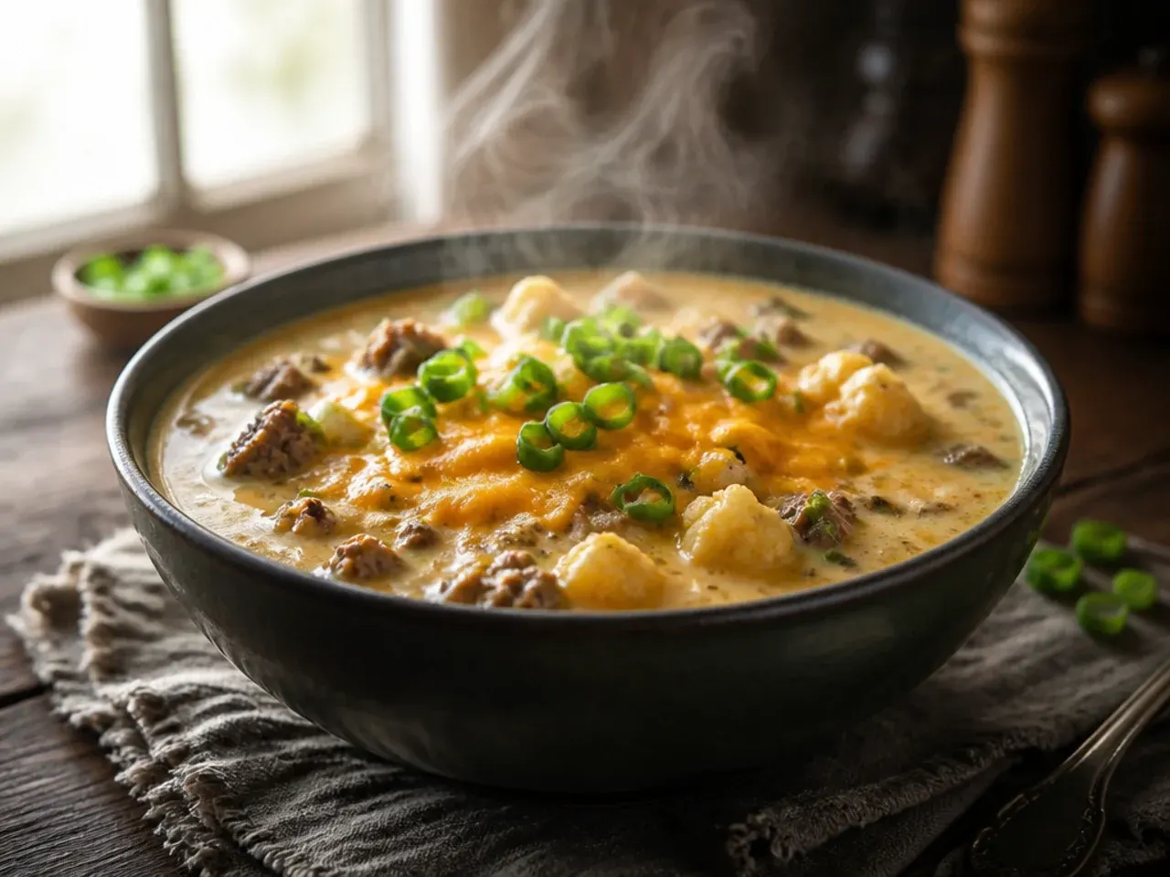 Ultra-creamy keto cheeseburger soup with blended cauliflower base