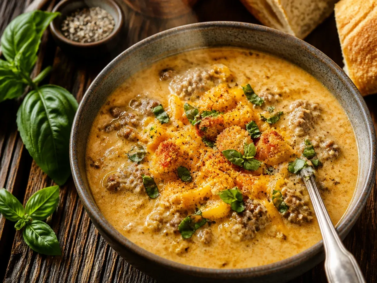 Simple five-ingredient keto cheeseburger soup in a white bowl