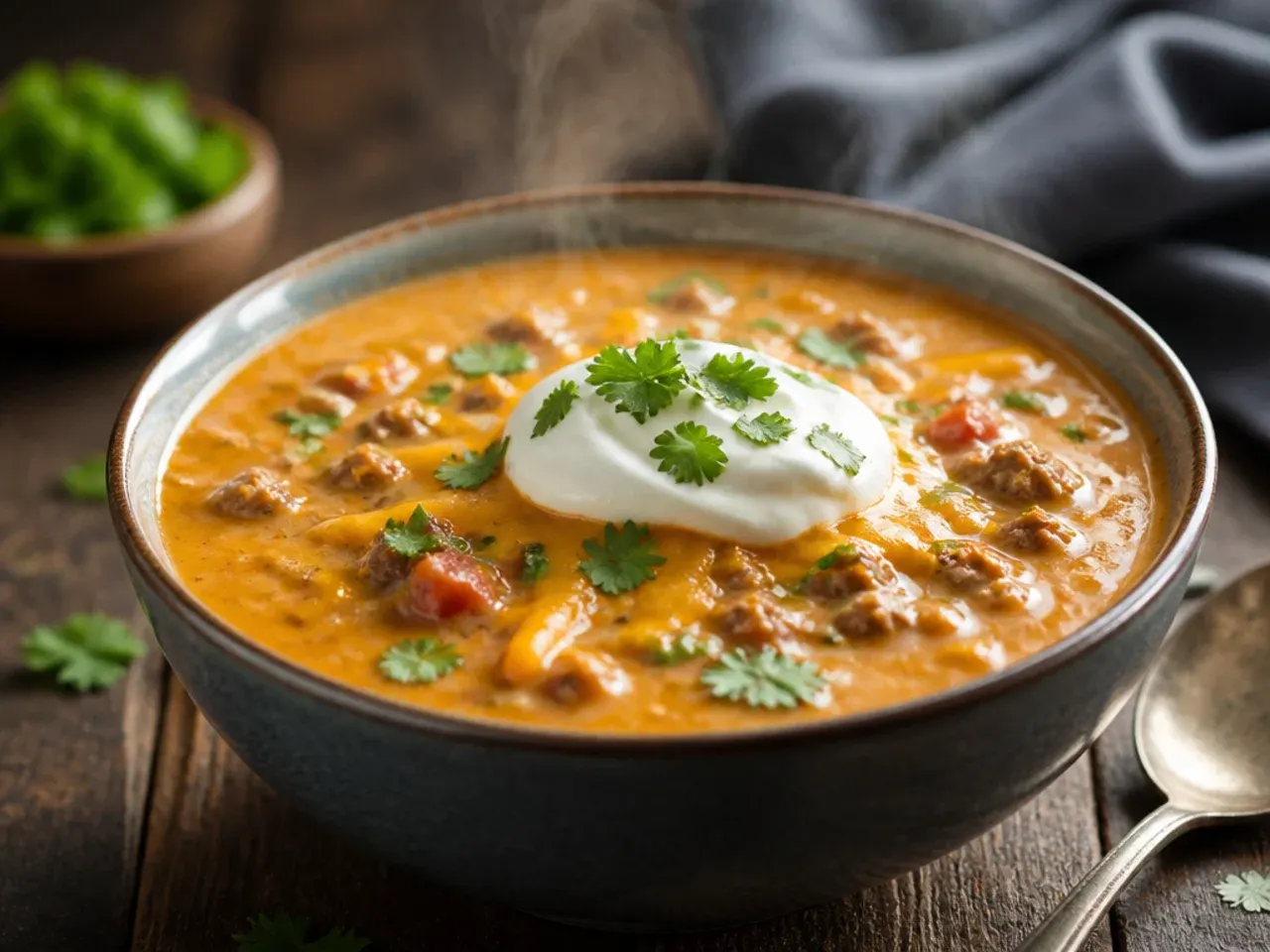 Three-cheese keto cheeseburger soup with melted cheese topping