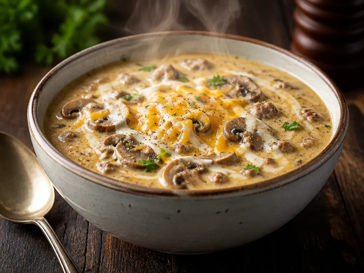 Mushroom and Swiss keto cheeseburger soup with sautéed mushrooms on top