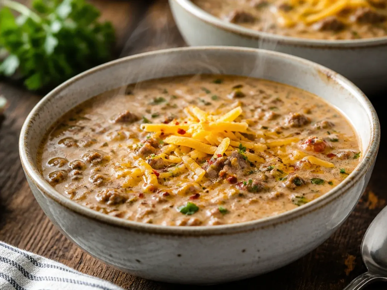 Instant Pot keto cheeseburger soup being stirred with melted cheese