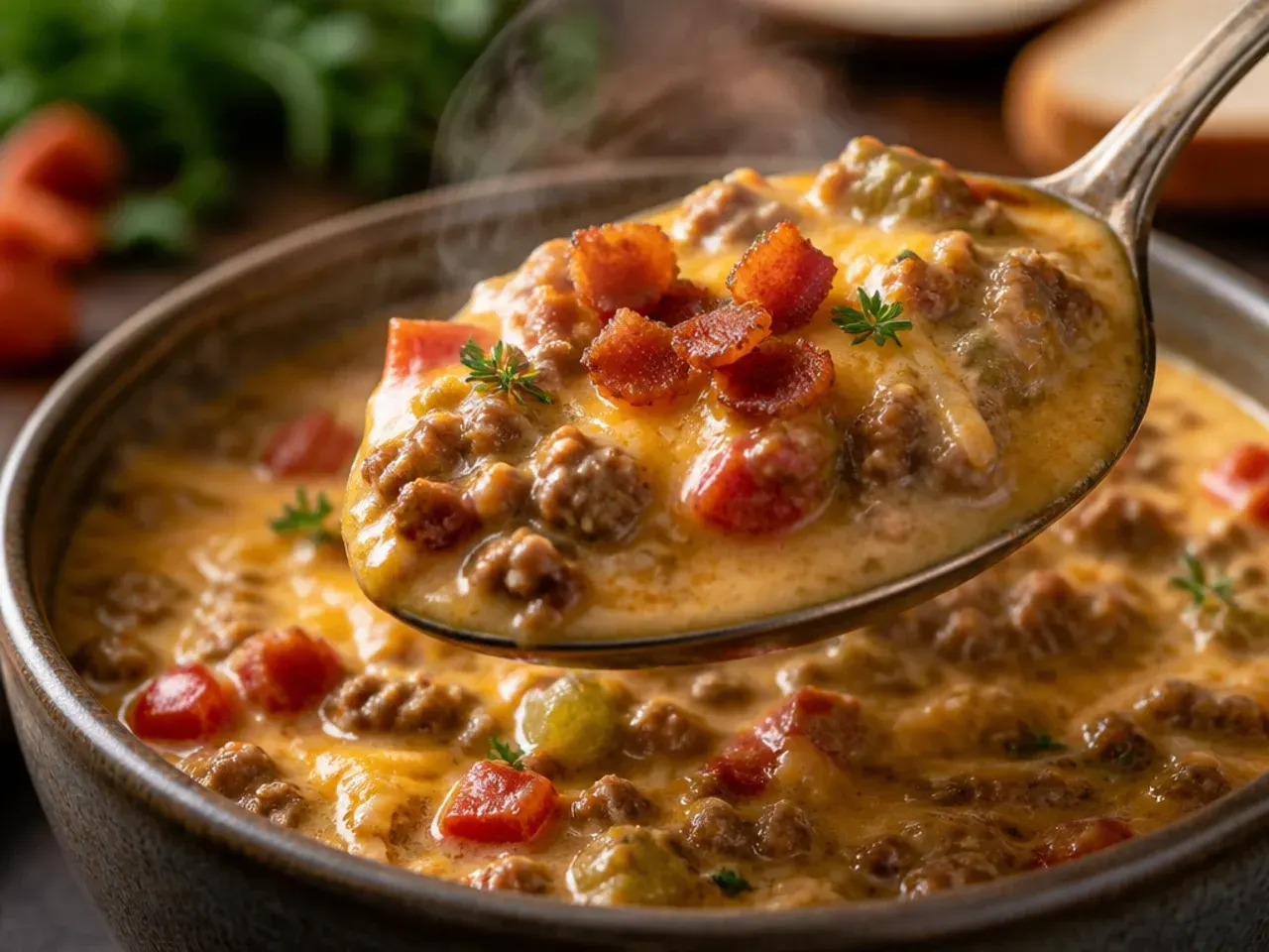 Rustic chunky keto cheeseburger soup with visible vegetable pieces