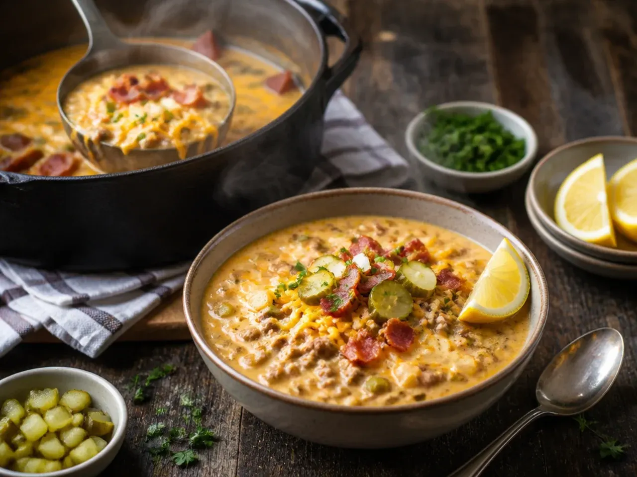 Loaded keto cheeseburger soup topped with bacon and chopped pickles