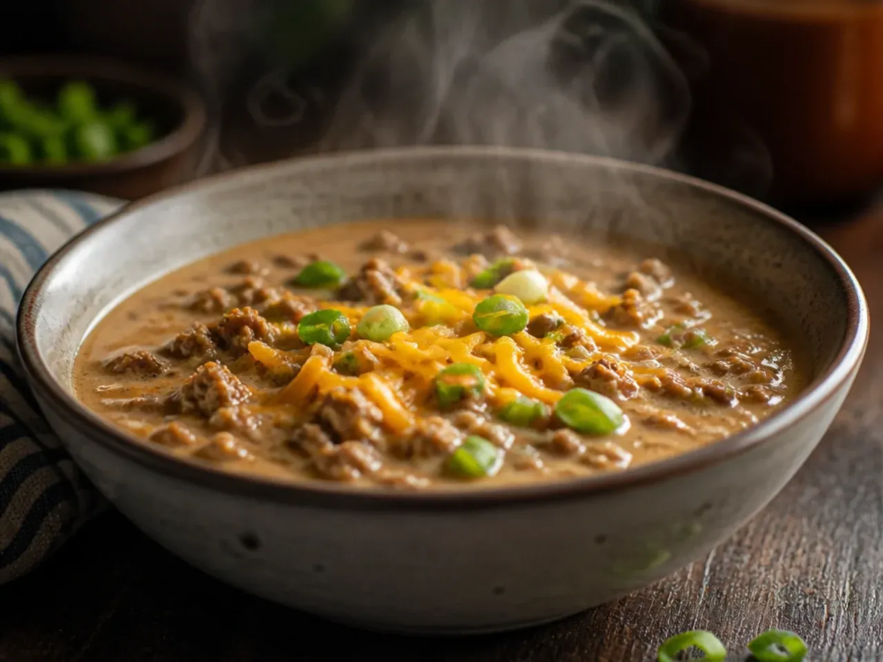 Family-style keto cheeseburger soup made with a beef and sausage blend