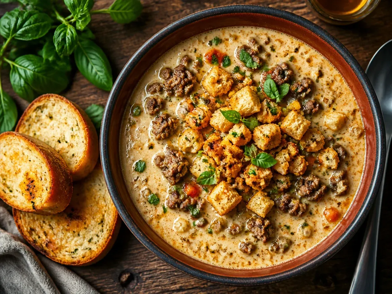 Steakhouse-style keto cheeseburger soup with deeply seared beef