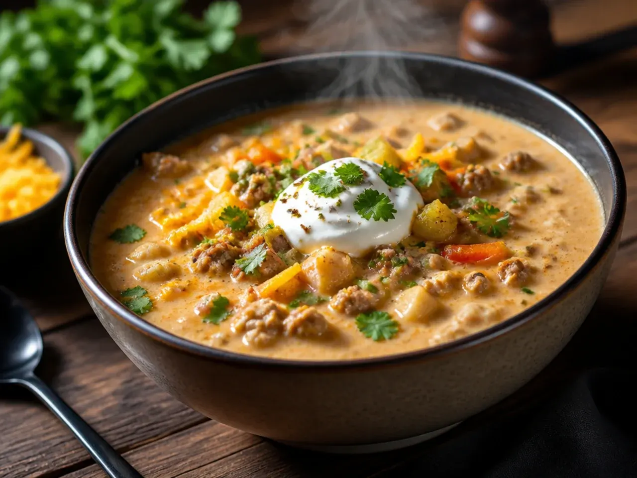 One-pot keto cheeseburger soup simmering in a Dutch oven