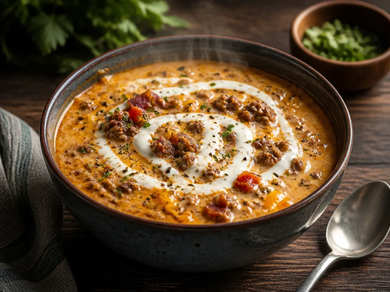 Smoky chipotle keto cheeseburger soup garnished with chives