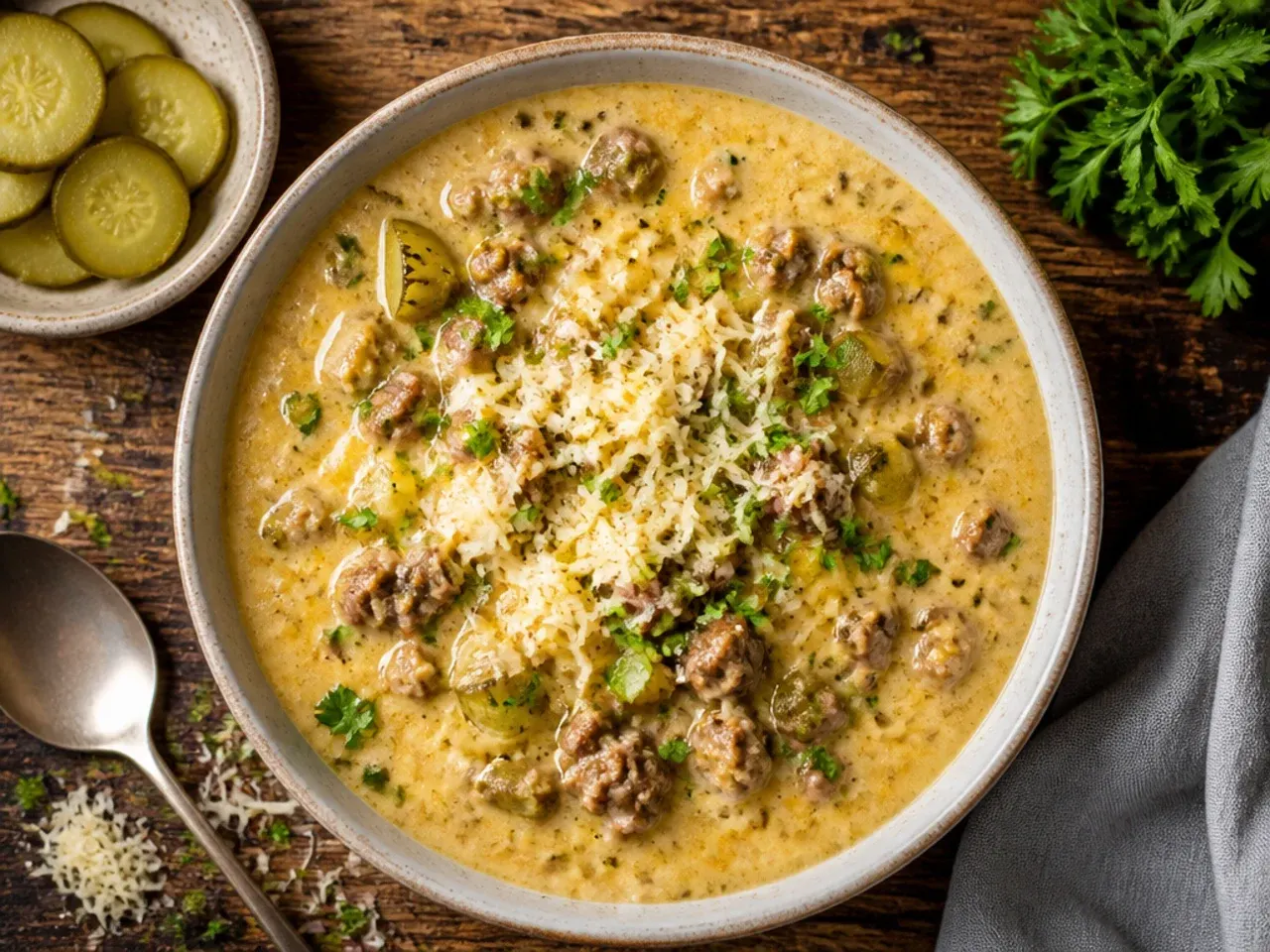 Tangy dill pickle and mustard keto cheeseburger soup