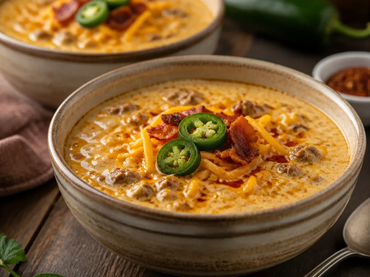 Spicy jalapeño ranch keto cheeseburger soup with pepper jack cheese