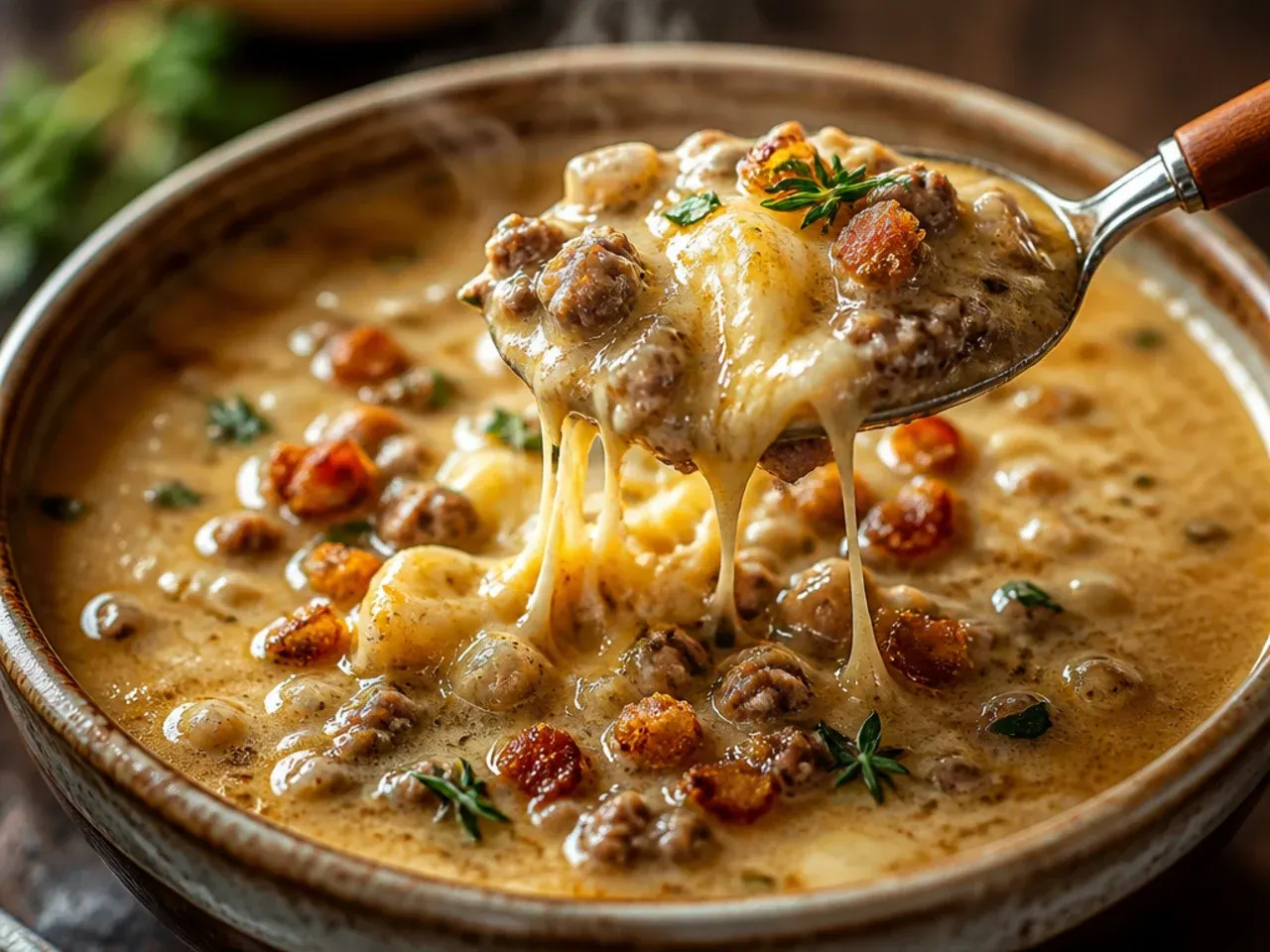 French onion-inspired keto cheeseburger soup with melted Gruyère topping