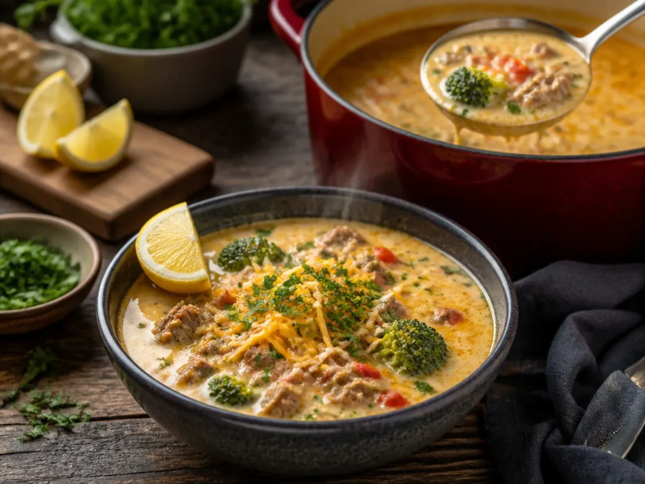 Broccoli cheddar fusion keto cheeseburger soup with tender broccoli florets