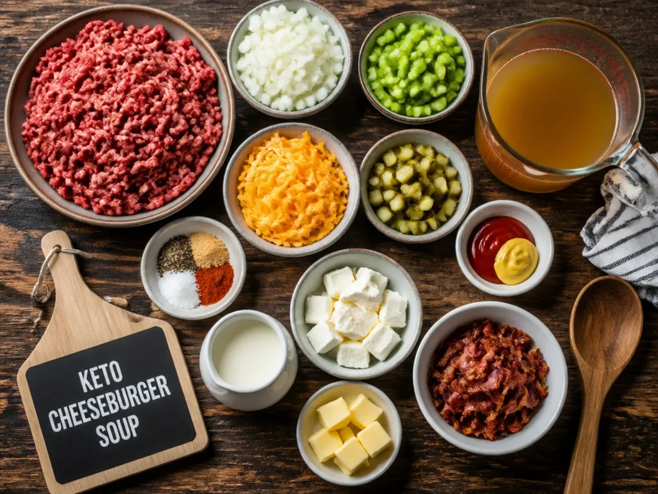 Close-up of keto cheeseburger soup being whisked smooth with a wooden spoon