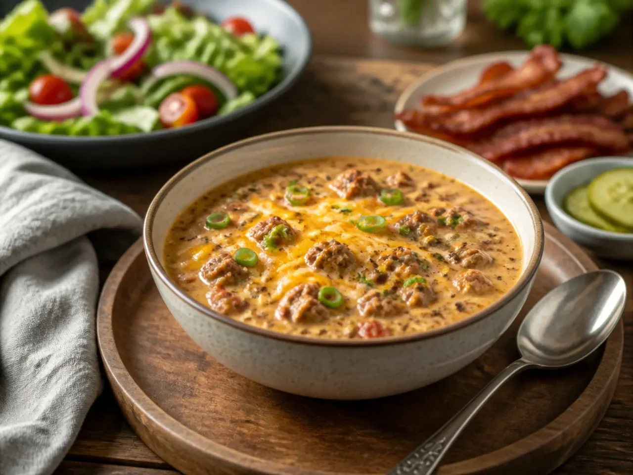 Bowl of keto cheeseburger soup served with a side of cheese crisps