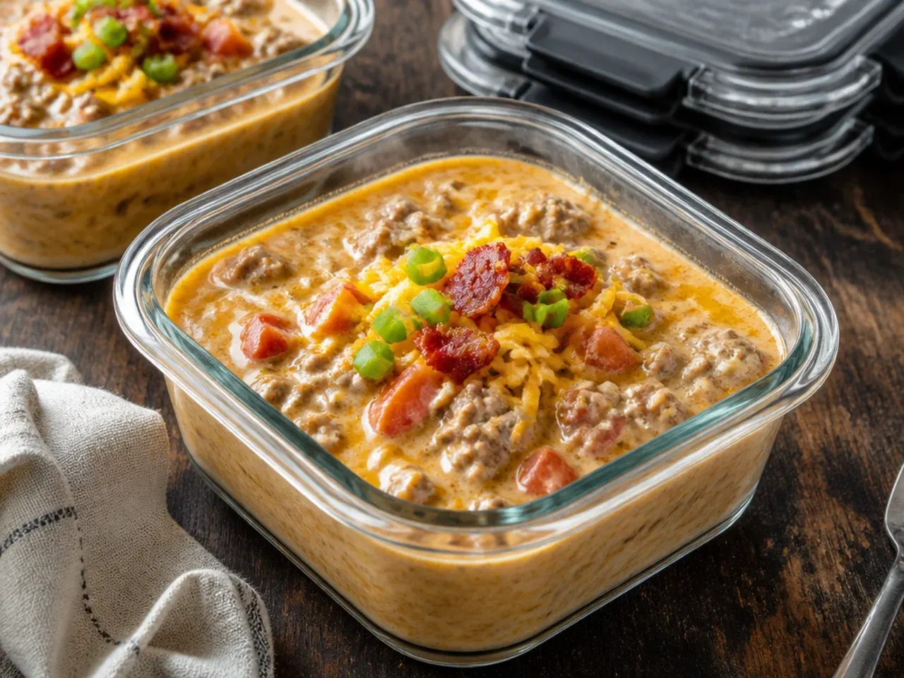 Keto cheeseburger soup portioned into containers for storing in the fridge