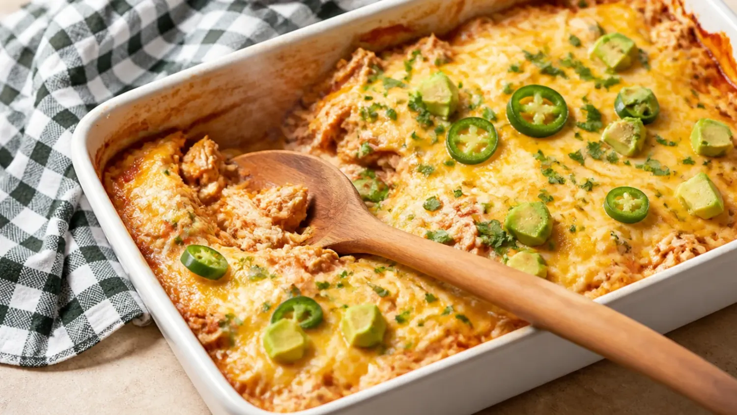Overhead shot of a bubbling keto chicken enchilada casserole in a white baking dish, topped with melted cheese, chopped coriander and sliced jalapeños
