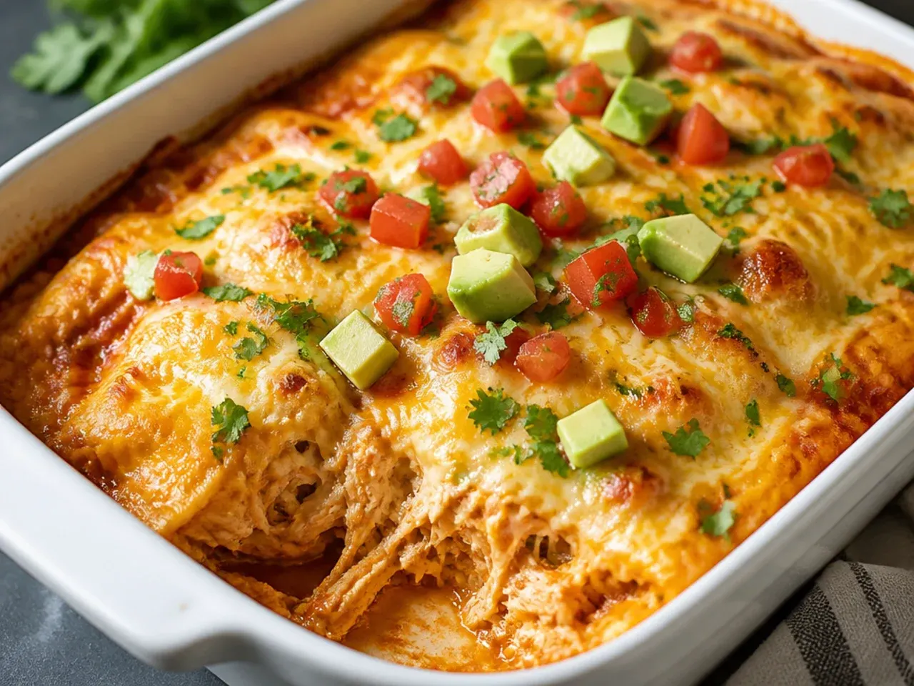 Close-up of a forkful of keto chicken enchilada casserole with melted cheese pulling away