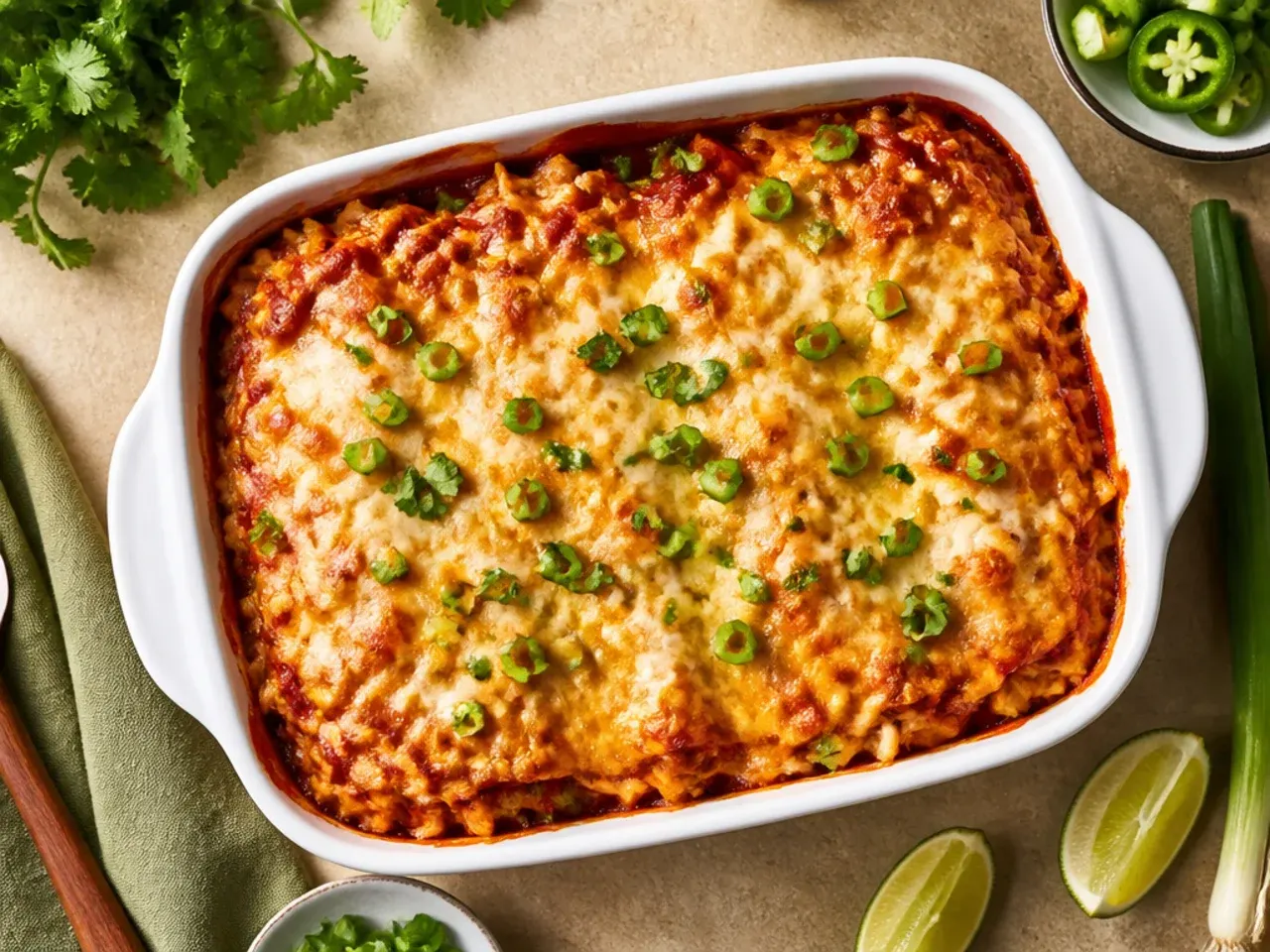 Classic red sauce keto chicken enchilada casserole fresh out of the oven