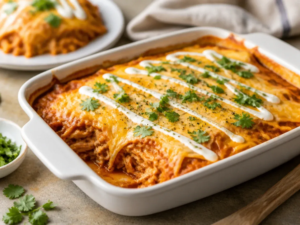 Five simple ingredients laid out next to a baking dish for easy keto enchilada casserole