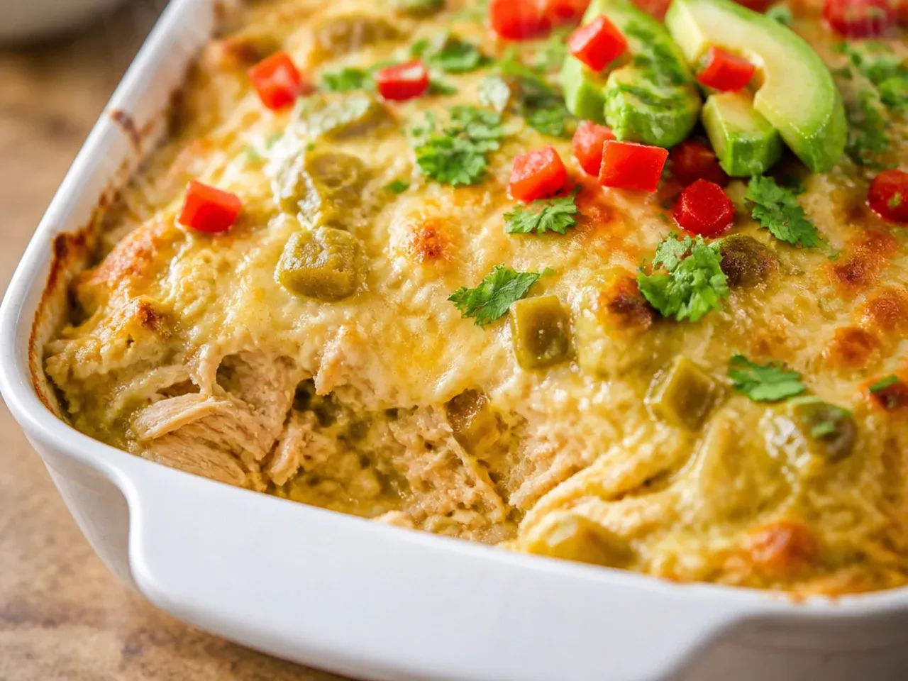 Cozy green chile keto chicken enchilada casserole with a tangy tomatillo sauce