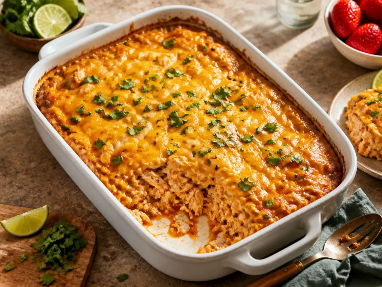 Simple two-layer keto chicken and cheese enchilada casserole in a glass dish