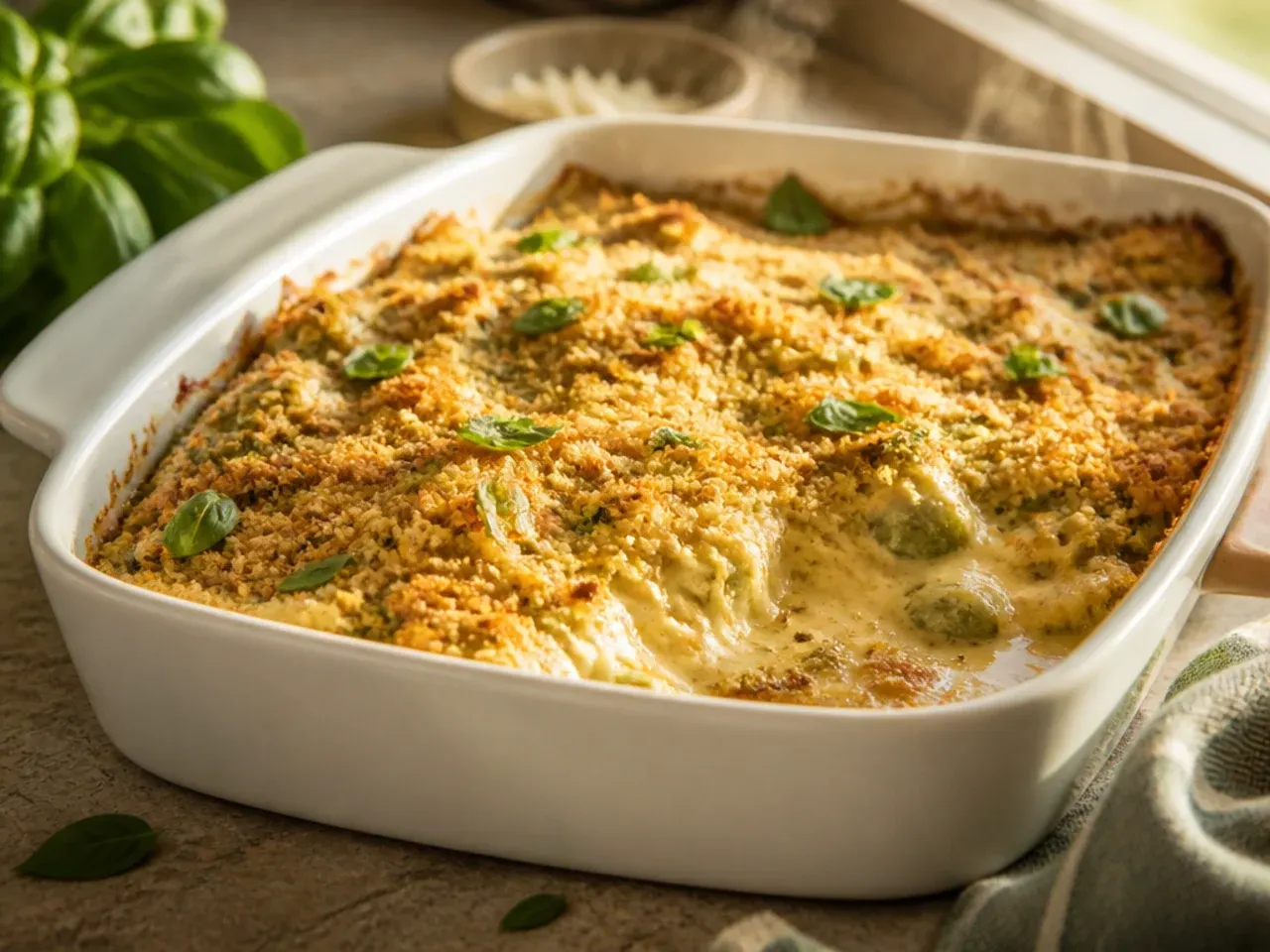Creamy sour cream keto chicken enchilada casserole being spooned from the dish