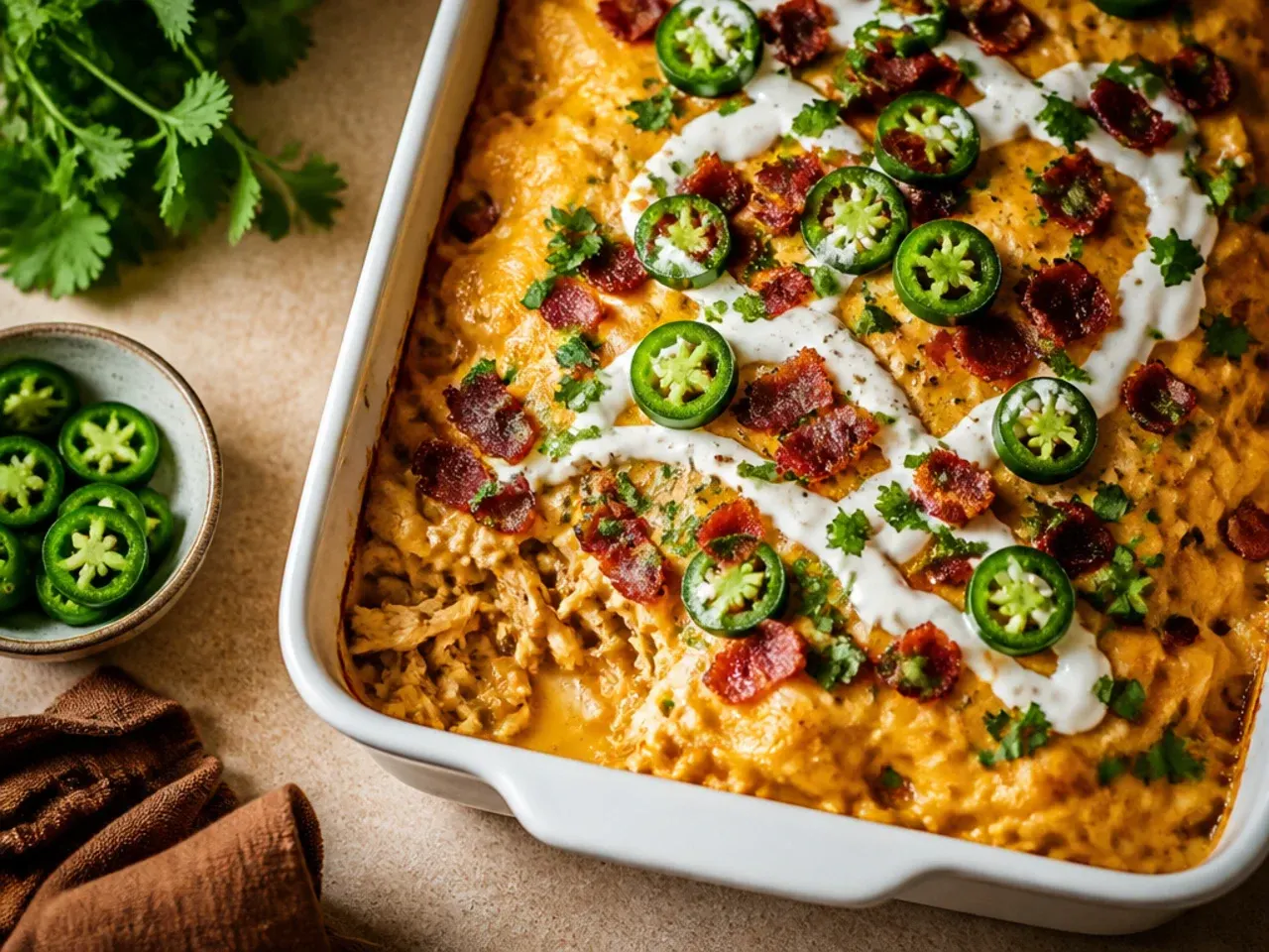 Loaded keto chicken enchilada casserole topped with crispy bacon and sliced jalapeños