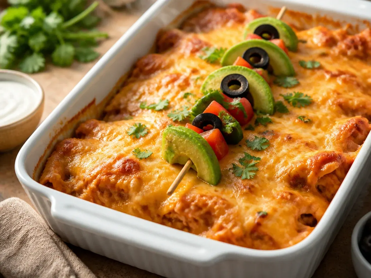 Best-ever double-cheese keto chicken enchilada casserole showing melty layers