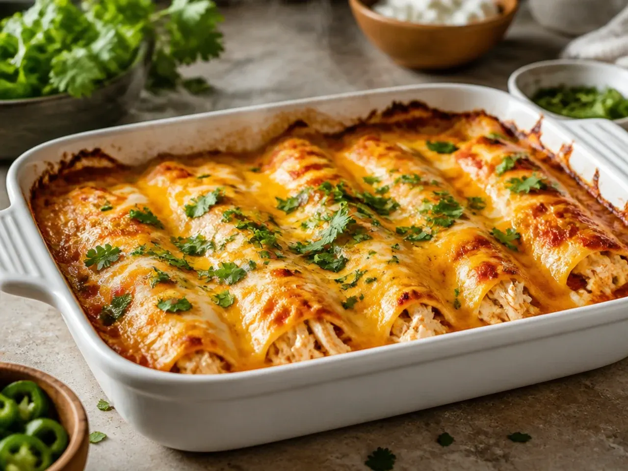 Extra-cheesy three-cheese keto chicken enchilada casserole with a golden crust