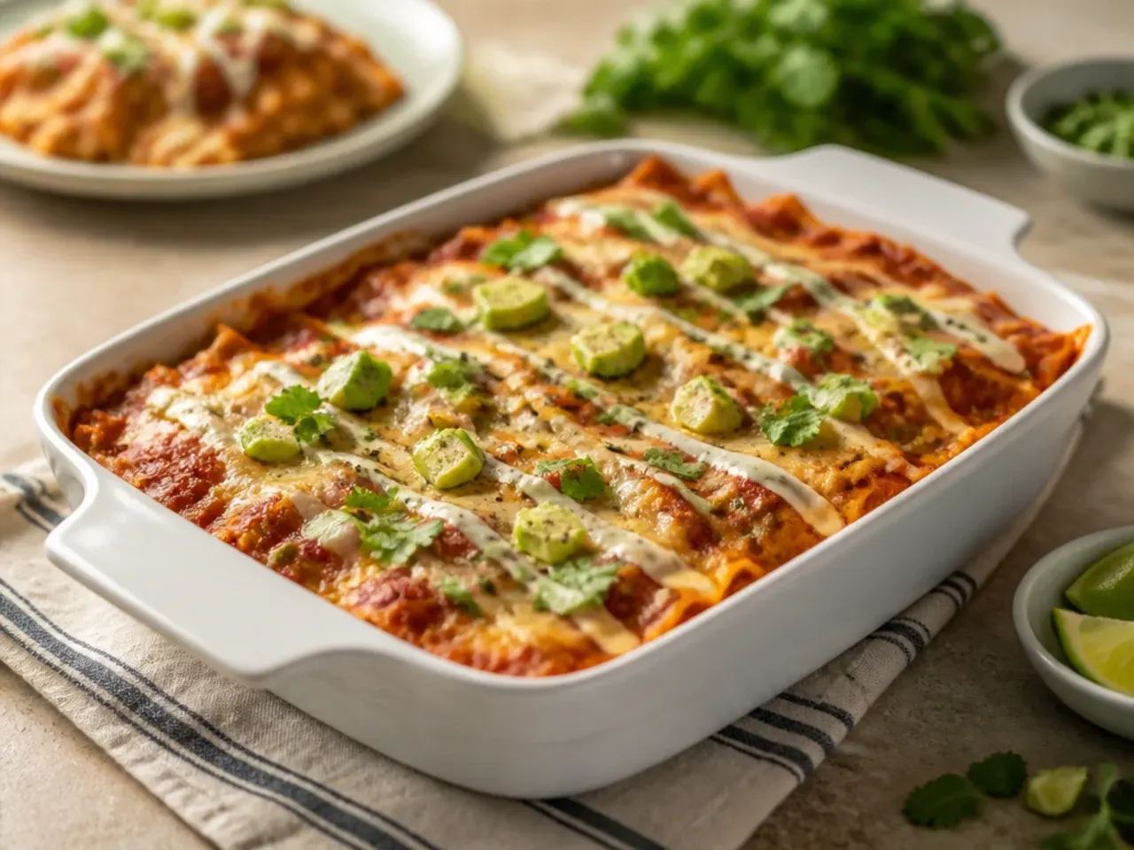 Large sheet-pan style keto chicken enchilada casserole ready to serve a crowd