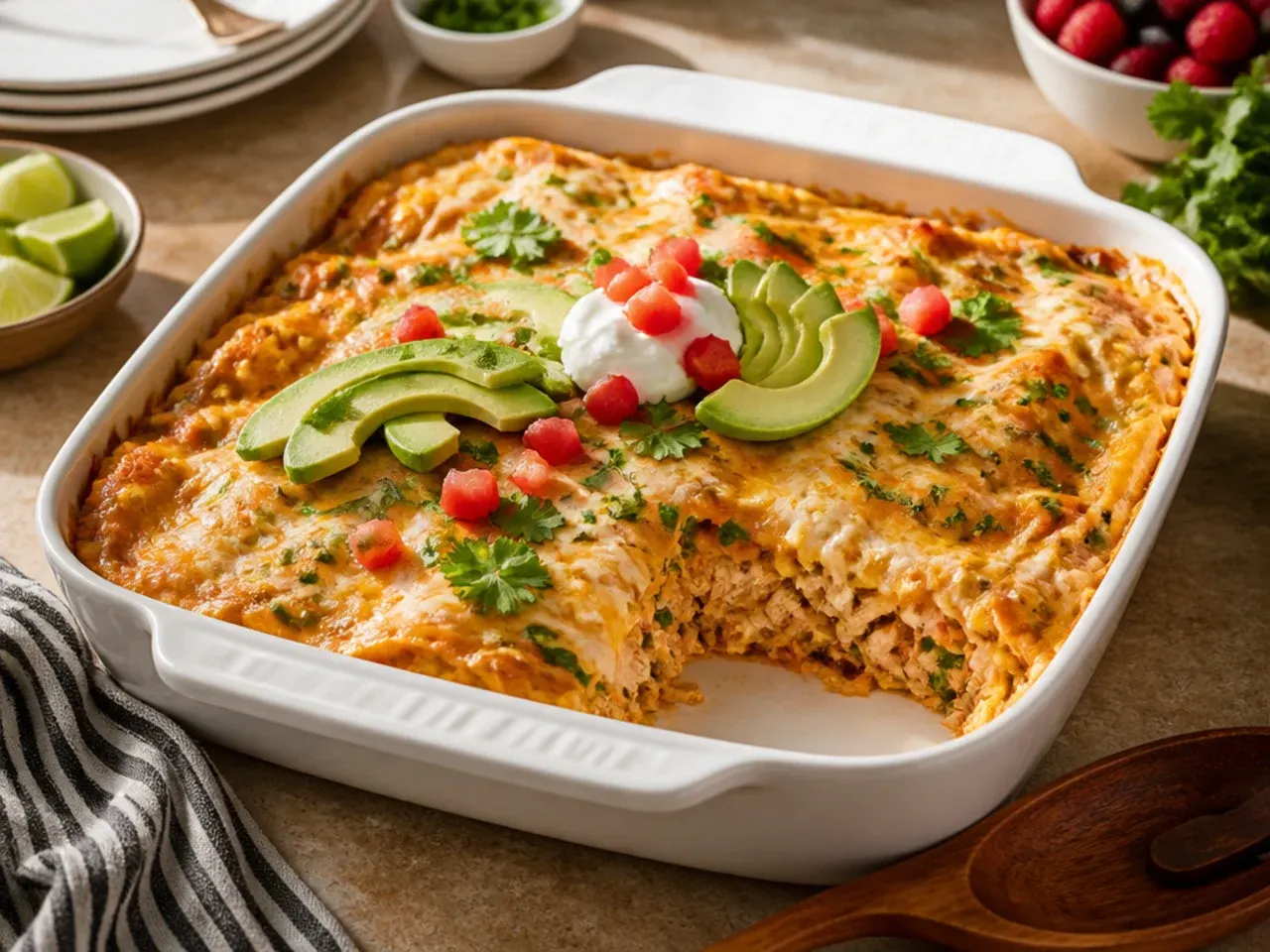 Family-style mild keto chicken enchilada casserole served on plates for kids and adults