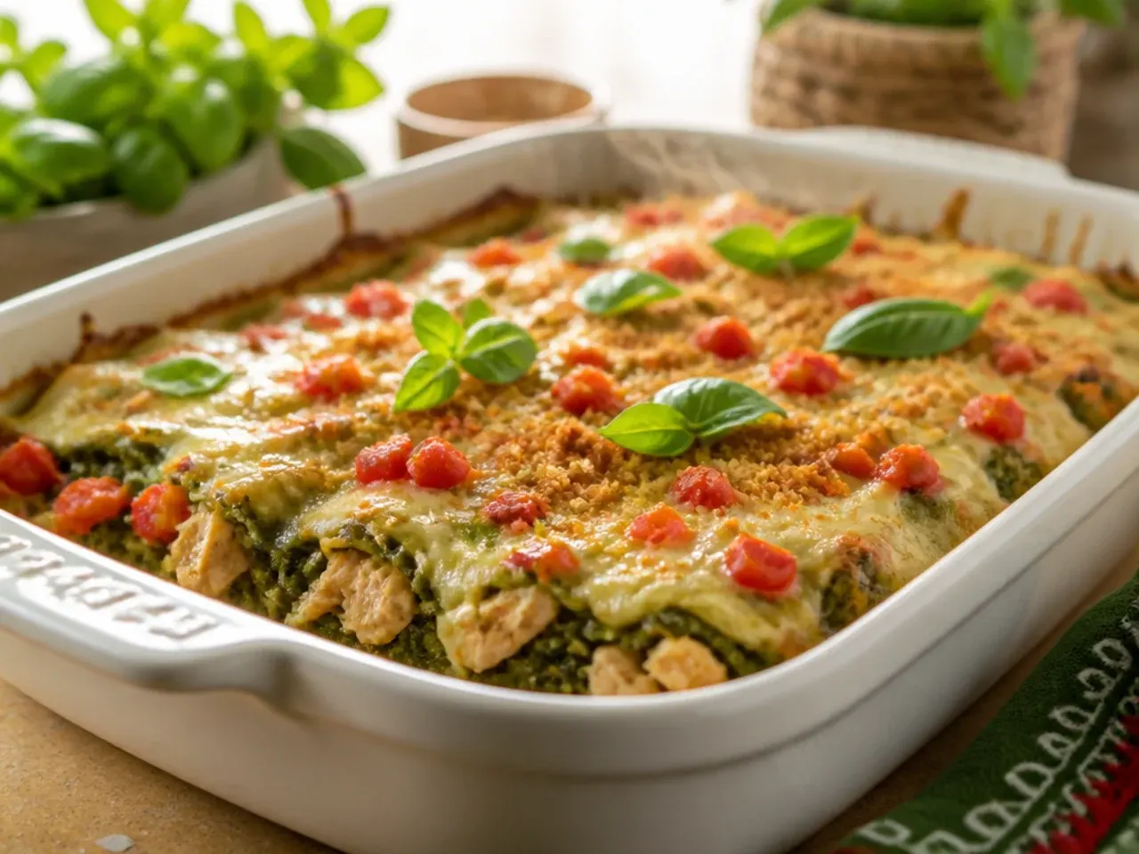 Festive keto chicken enchilada casserole with red sauce on one side and green on the other