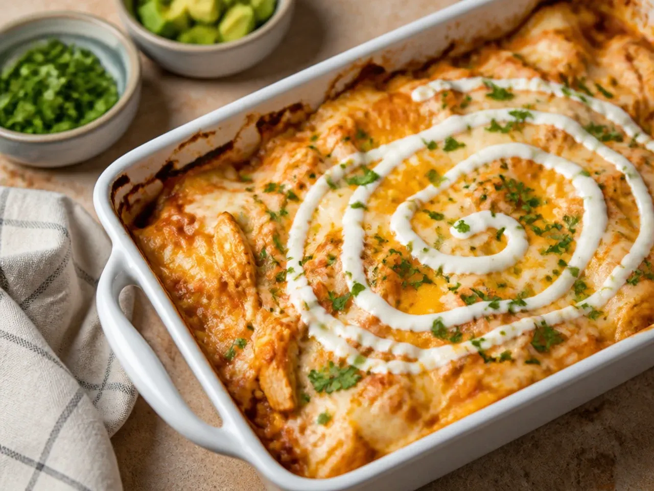 Quick one-pan keto chicken enchilada casserole in a cast-iron skillet