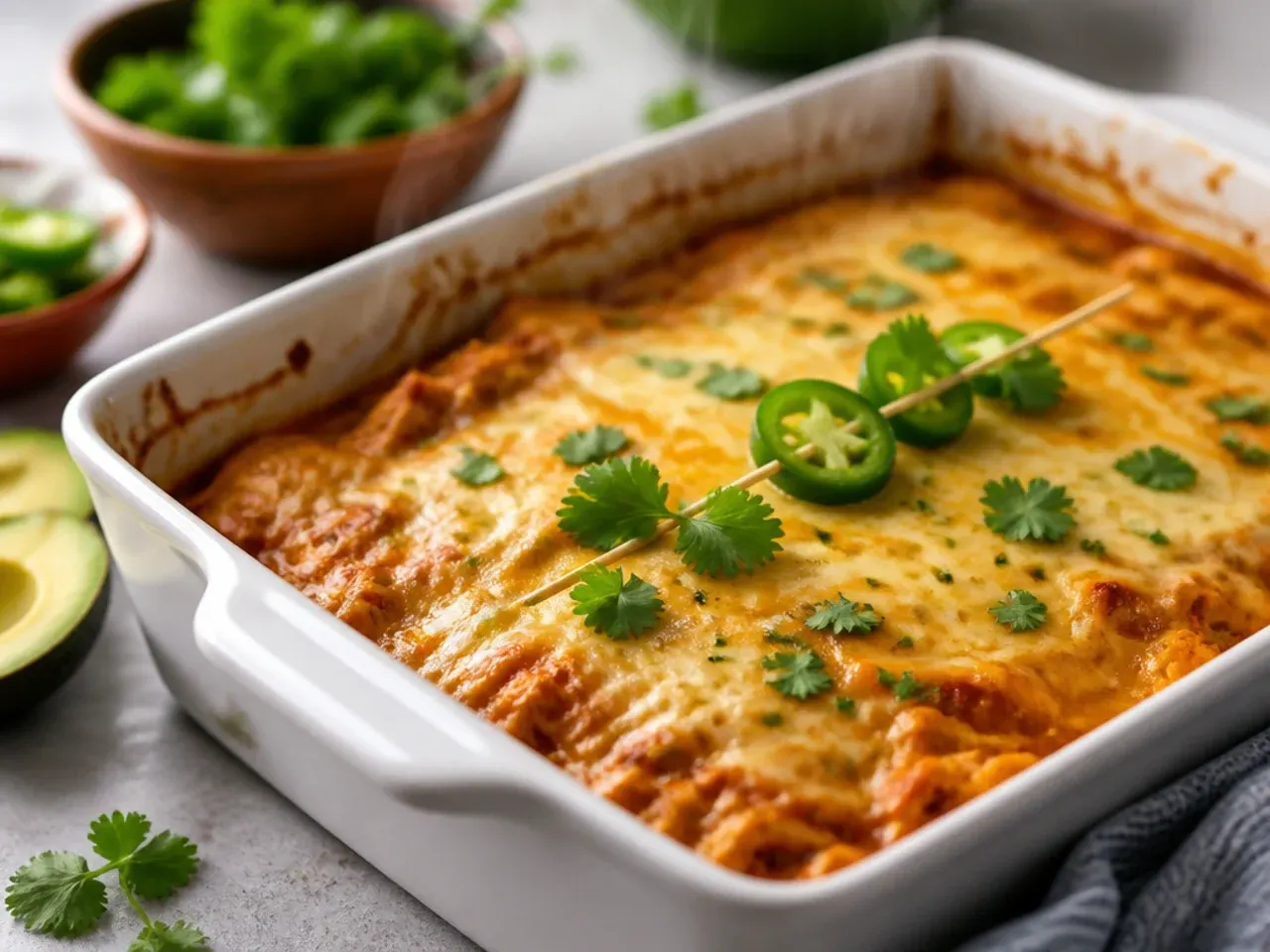 Homemade from-scratch red enchilada sauce being poured over keto chicken casserole