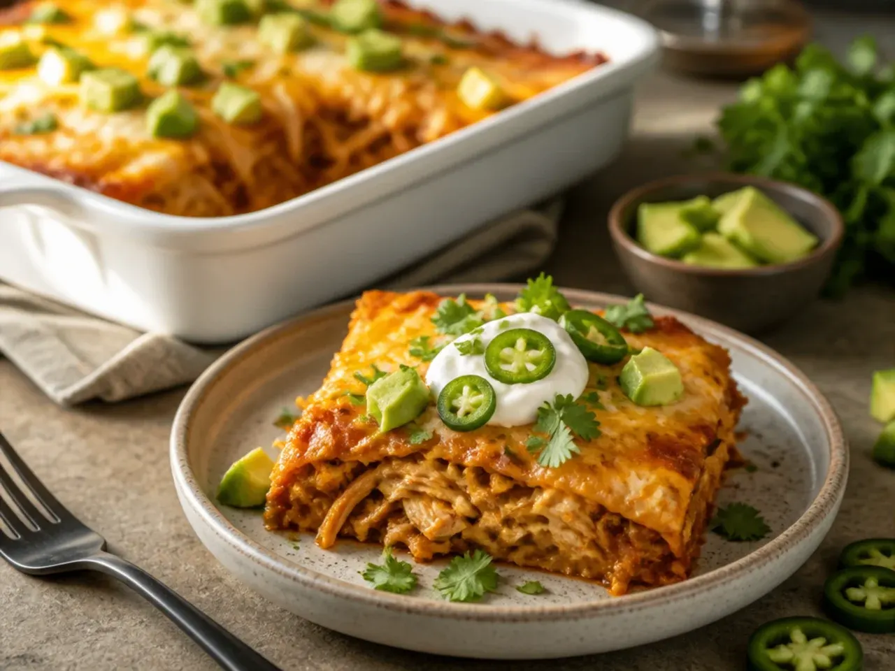 A plated serving of keto chicken enchilada casserole with avocado and soured cream on the side