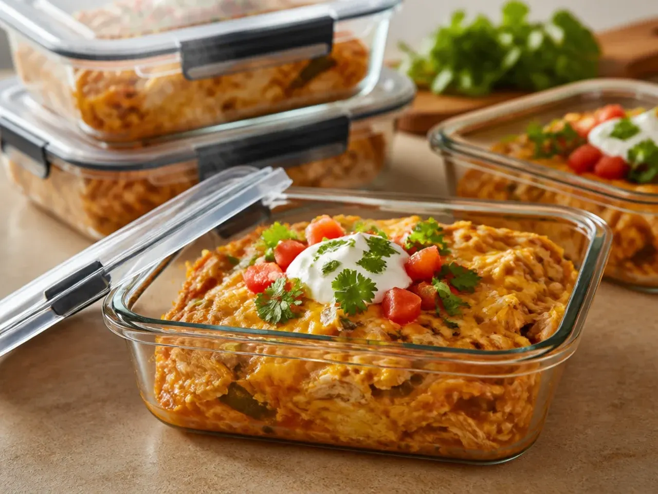 Airtight containers of leftover keto chicken enchilada casserole ready for the fridge