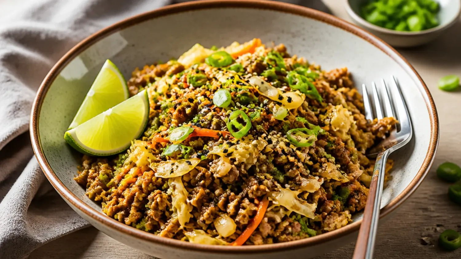A skillet of keto egg roll in a bowl with ground pork, shredded cabbage, and green onions, ready to serve