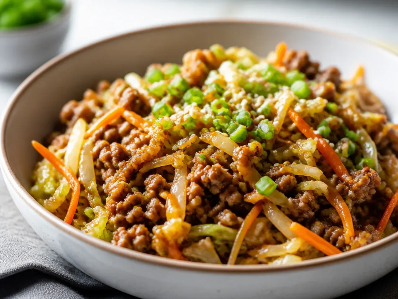 Overhead shot of keto egg roll in a bowl ingredients laid out before cooking