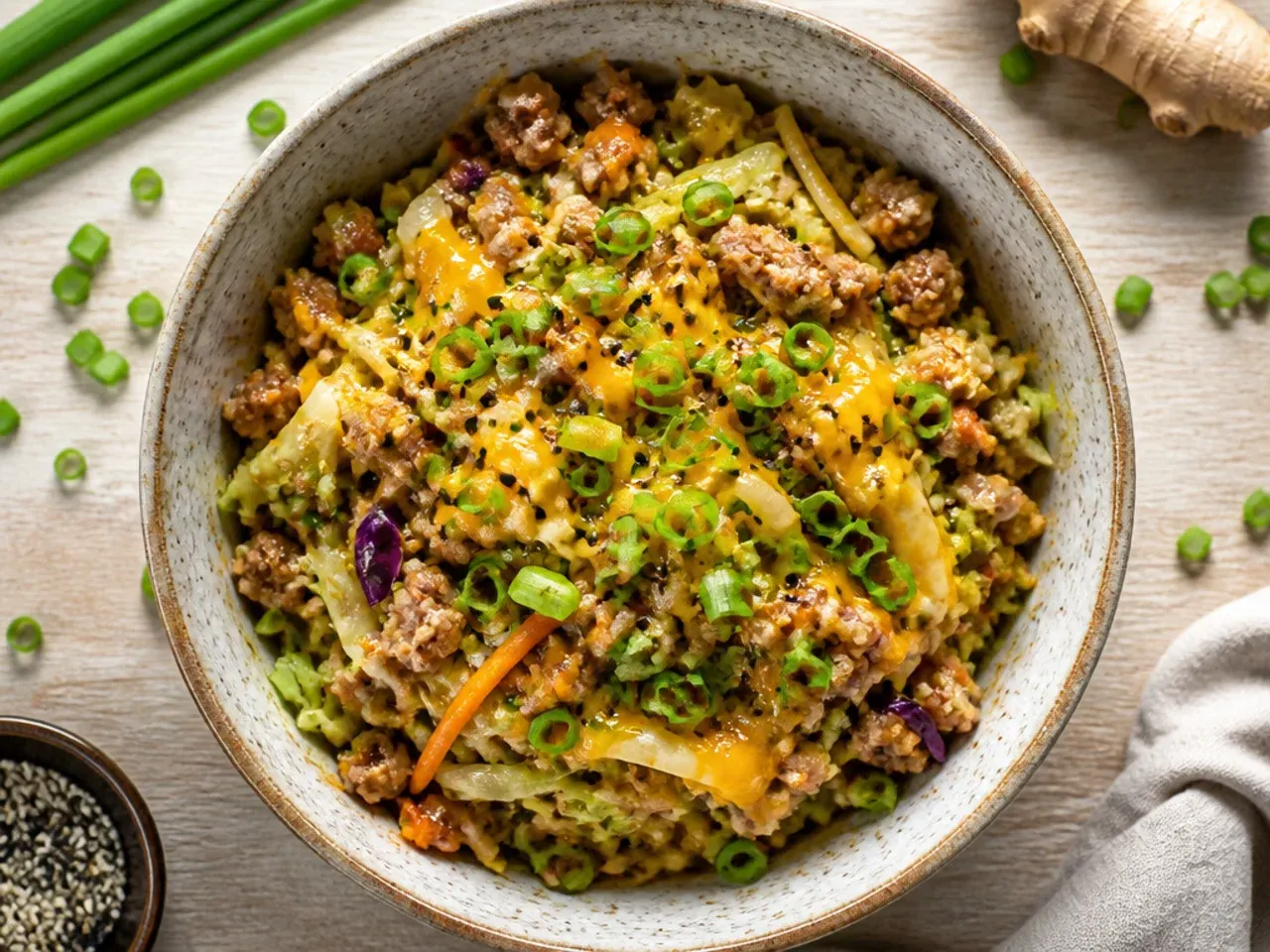 Classic keto egg roll in a bowl with ground pork and cabbage in a skillet