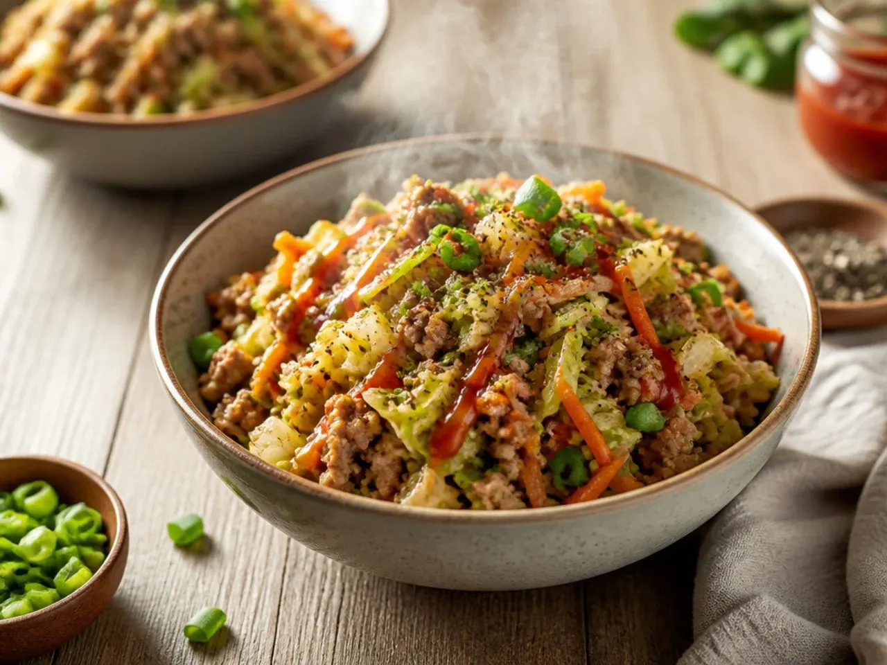 Quick weeknight egg roll bowl in a nonstick skillet