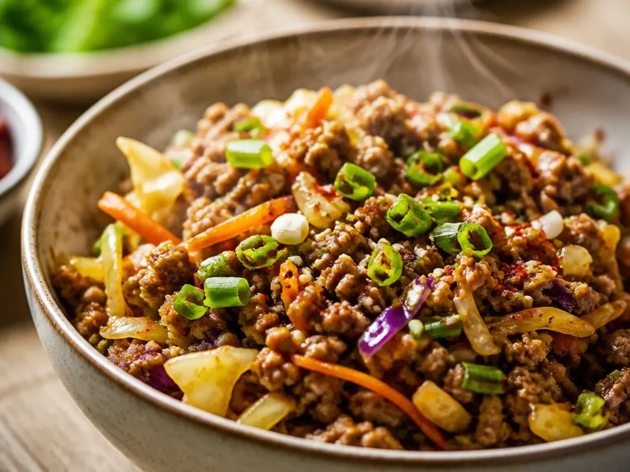Cozy ginger garlic egg roll bowl garnished with green onions