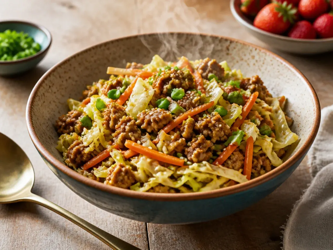 Simple five ingredient egg roll bowl in a white dish