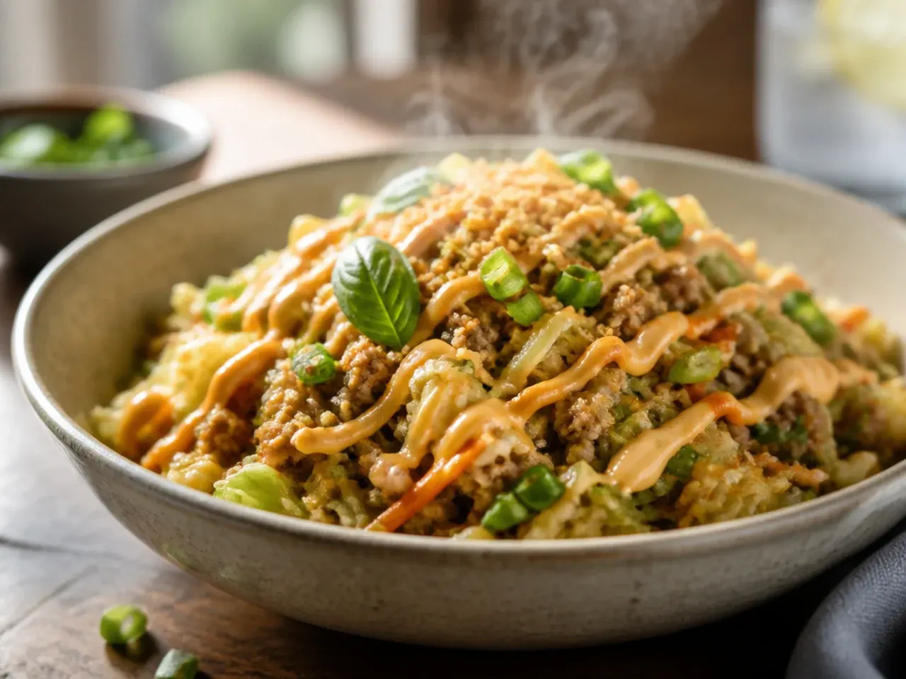 Egg roll bowl topped with creamy sriracha mayo drizzle