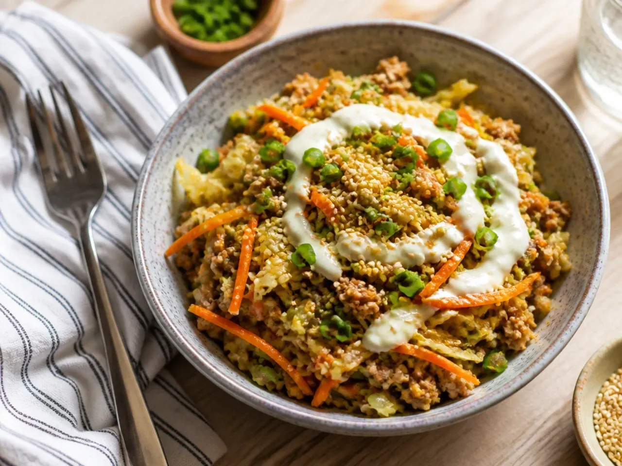 Loaded vegetable egg roll bowl with mushrooms and carrots