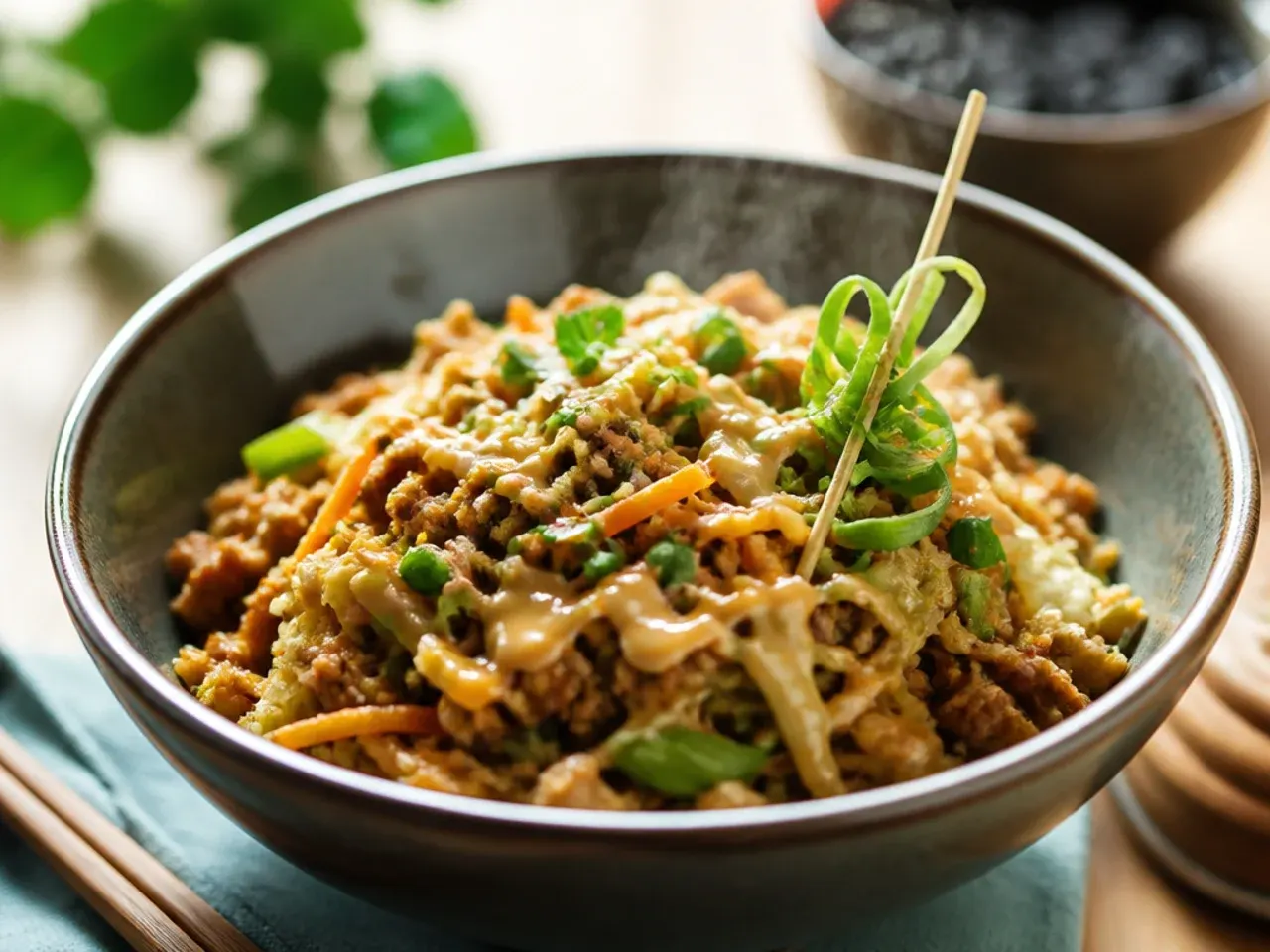 Best ever umami egg roll bowl in a cast iron skillet