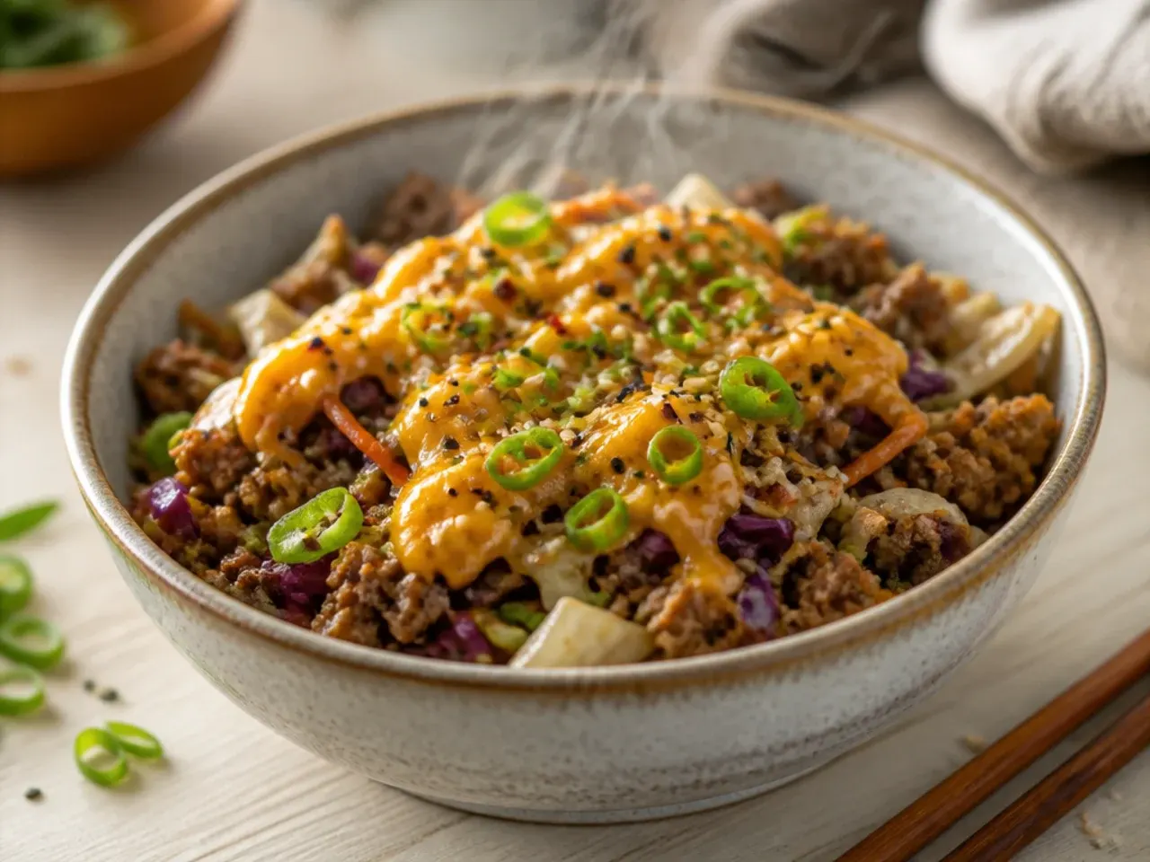 Cheesy egg roll bowl with melted mozzarella on top